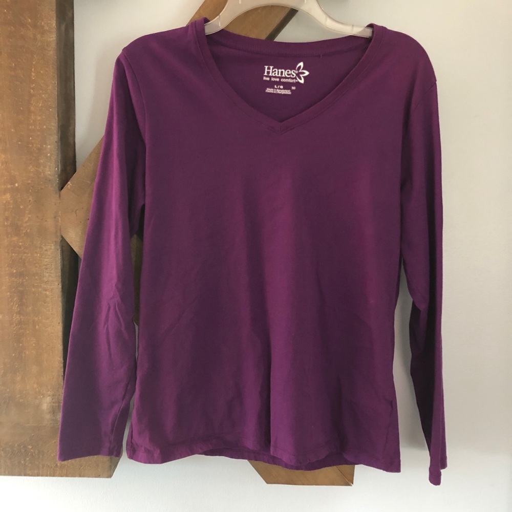 Hanes Long Sleeve Tees 1 Ea. Purple & White Size L